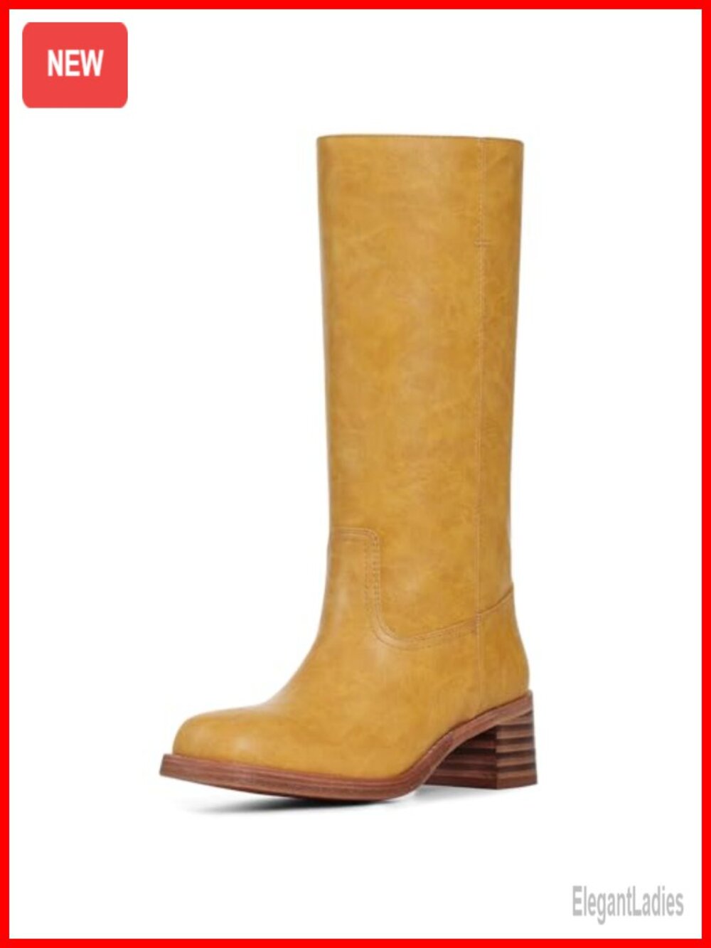 Knee High Wide Calf Boots Square Toe Chunky Block Heel Pull On Riding Boots